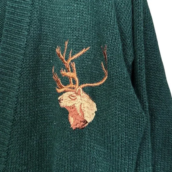 Vintage Forest Green Embroidered Cardigan 90s Woodland Deer Aesthetic Grandpa - Picture 4 of 7